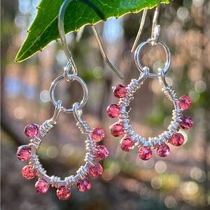Sterling Silver and Garnet Hoop Earrings